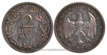 Германия 2 рейхсмарки 1925 A, Веймарская республика, Weege 16, J. 320, KM 45 серебро PROOF 00-804-65