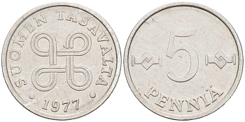 ФИНЛЯНДИЯ 5 ПЕННИ 1977 KM 45а алюминий 192-1221