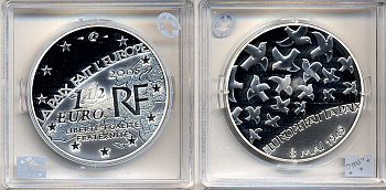 Франция 1 1/2 евро 2005 60 лет мира в Европе, голуби мира КМ 1441 серебро PROOF 5-3-1-50