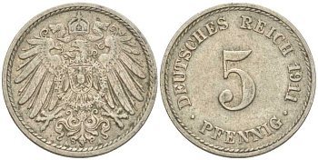 Германия 5 пфеннигов 1911 A KM 11, J. 12, Weege 6 медно-никель 206-1229
