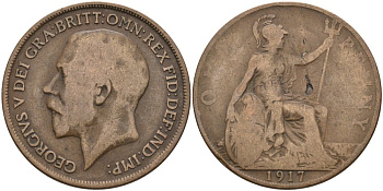 Великобритания 1 пенни 1917 Георг V (1910-1936) KM 810, Spink 4051 бронза 4572-1216