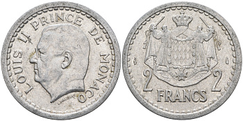 Монако 2 франка 1943 Луи II (1922-1949) KM 121 алюминий    4177-332