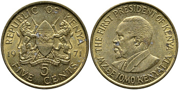 Кения 5 центов 1971 Джомо Кениата KM 10 никель латунь 4529-944