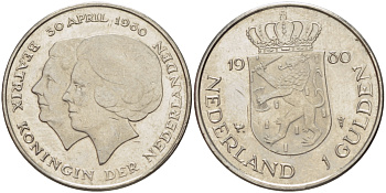 Нидерланды 1 гульден 1980 на коронацию Беатрикс, 30 апреля 1980 KM 200 никель 31-847