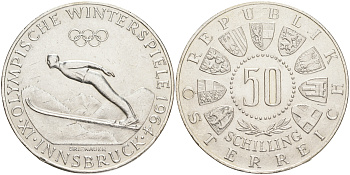 Австрия 50 шиллингов 1964 Зимняя Олимпиада 1964 года в Инсбруке, прыжки с трамплина KM 2896 серебро aUNC 4557-311