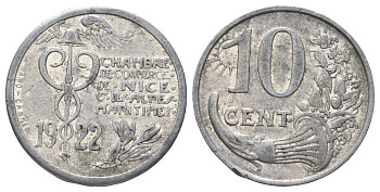 Франция, Ницца 10 сантимов 1922 диаметр 25 мм, вес 1,5 гр Elie mon 10.4 алюминий 4126-1212