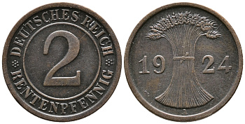 ГЕРМАНИЯ 2 РЕНТЕНПФЕННИГА 1924 A KM 31, J. 307 бронза 24-616
