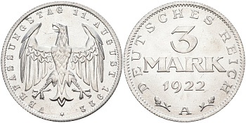 Германия 3 марки 1922 A, третья годовщина Веймарской Конституции KM 29, J.303 алюминий UNC 4587-243