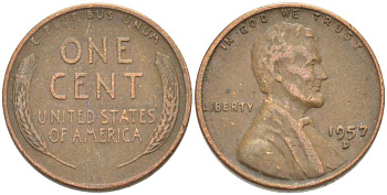 США 1 ЦЕНТ 1957 D, ЛИНКОЛЬН KM А132 медь цинк 3309-1217