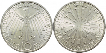 ФРГ 10 МАРОК 1972 J, ОЛИМПИАДА, СПИРАЛЬ KM 130, J.401a серебро UNC 1520-1421