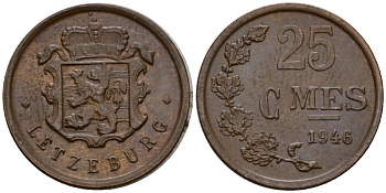 Люксембург 25 сантимов 1946 Шарлотта (1918-1964) KM 45 бронза 4115-829