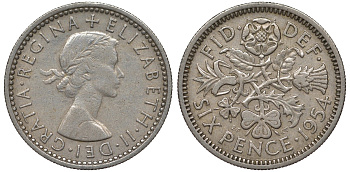 Великобритания 6 пенсов 1954 Елизавета II (1952-2022) KM 903, Spink 4149 медно-никель 4122-613