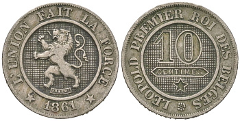 Бельгия 10 сантимов 1861 Леопольд I (1831-1865) KM 22 медно-никель 4615-666