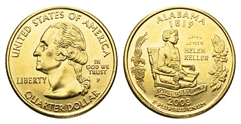 США 1/4 доллара (25 центов) 2003 Квотер штата Алабама KM 344 медь плакированная золотом UNC 11-117-45