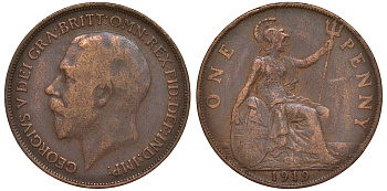 Великобритания 1 пенни 1919 Георг V (1910-1936) KM 810, Spink 4051 бронза 4123-1114