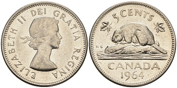 Канада 5 центов 1964 Елизавета II, бобер, EXTRA WATER LINE KM 57 никель    4148-1222