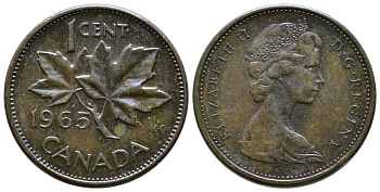 Канада 1 цент 1965 Елизавета II (1952-2022), кленовый лист KM 59.1 бронза46-1342