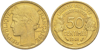 ФРАНЦИЯ 50 САНТИМОВ 1941 ТИП MORLON KM 894.1, LE FRANC 192.18 алюминиевая бронза 44-568