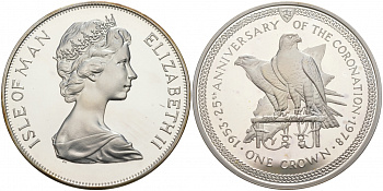 Остров Мэн 1 крона 1978 25 лет коронации королевы Елизаветы II, соколы KM 43a серебро PROOF 11-036-33