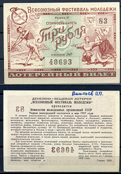Всесоюзный фестиваль молодежи стоимость билета (лотерейный билет) 3 рубля 1956 разряд 32, билет 83 бумага aUNC 8518-29-2-1