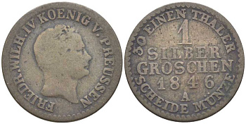ПРУССИЯ 1 ГРОШ 1846 А, ФРИДРИХ ВИЛЬГЕЛЬМ IV (1840-1861) KM 435 серебро 201-629