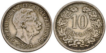 Люксембург 10 сантимов 1901 Адольф (1890-1905) KM 25 медно-никель 4602-435