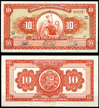 Перу 10 солей 1967 сидящая свобода, Thomas de la Rue Pick 84 a  бумага  аUNC 444-144-1-2