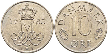 Дания 10 эре 1980 Маргрете II (1972-2024) KM 860.2 медно-никель 201-1236