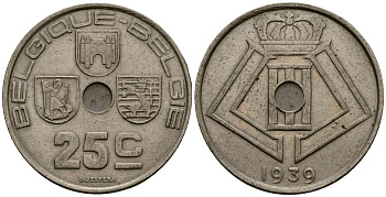 Бельгия 25 сантимов 1939 Belgique - Belgie KM 114 никель латунь 4382-216