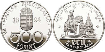 Венгрия 500 форинтов 1994 интеграция в европейский Союз KM 710 серебро PROOF 11-133-33