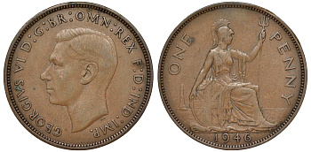 Великобритания 1 пенни 1946 Георг VI (1936-1952) KM 845, Spink 4114 бронза 51-2323