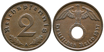 Германия 2 рейхспфеннига 1937 A KM 90, J. 362 бронза 176-516
