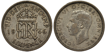 Великобритания 6 пенсов 1946 Георг VI (1936-1952) KM 852, Spink 4084 серебро 4538-637