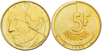 БЕЛЬГИЯ 5 ФРАНКОВ 1986 BELGIQUE, БОДУЭН I (1951-1993) KM 163 латунь или алюминиевая бронза 4546-251