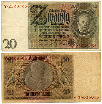 ГЕРМАНИЯ 20 РЕЙХСМАРОК 1929 Pick 181a бумага 3295-79-2