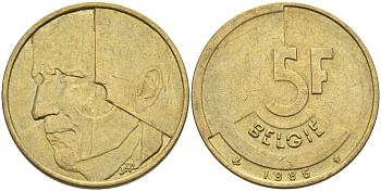 Бельгия 5 франков 1986 Belgie KM 164 алюминиевая бронза 4126-246