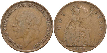 Великобритания 1 пенни 1927 Георг V (1910-1936) KM 826, Spink 4054 бронза 115-226