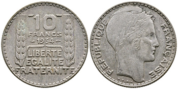 Франция 10 франков 1931 Пьер Тюрен KM 878, Le Franc 360.4 серебро 79-1432