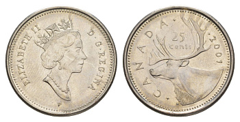 Канада 25 центов 2001 Елизавета II (1952-2022), олень KM 184b сталь плакированная никелем UNC 4631-656