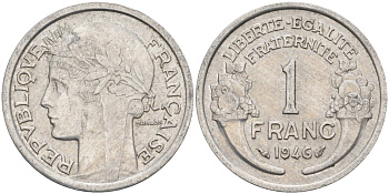 Франция 1 франк 1946 тип Lourde KM 885а, Le Franc 221.9 алюминий 4126-856