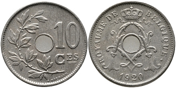 БЕЛЬГИЯ 10 САНТИМОВ 1920 BELGIQUE KM 85.1 медно-никель 4380-345