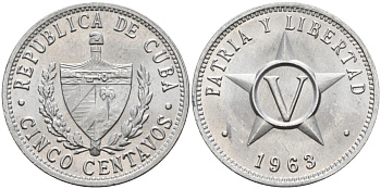Куба 5 сентаво 1963 звезда, вторая республика (1962- ) KM 34 алюминий UNC 108-1031
