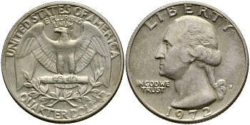 США 25 центов (квотер) 1972 D, Вашингтон KM 164а медь плакированная медно-никелем 4388-327