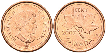 Канада 1 цент 2007 ML, Елизавета II (1952-2022), кленовый лист KM 490а сталь плакированная медью 4147-334