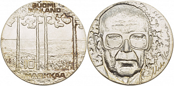 Финляндия 10 марок 1975 S-H, 75 лет президенту Урхо Кекконену KM 54 серебро UNC 1515-1543