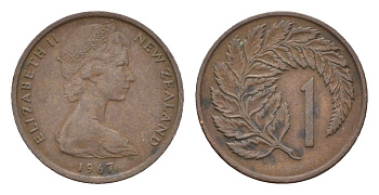 Новая Зеландия 1 цент 1967 Елизавета II (1952-2022), лист папоротника KM 31.1 бронза 4669-617