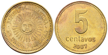 Аргентина 5 сентаво 2007 майское солнце KM 109b, CJ 2, Schon 109b сталь плакированная латунью 4609-1244