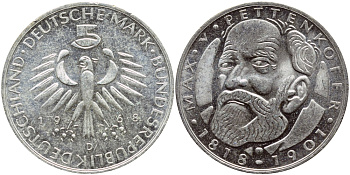 ФРГ 5 марок 1968 D, 150 лет со дня рождения Макса фон Петтенкофера J. 398, KM 123.1 серебро UNC 221-224