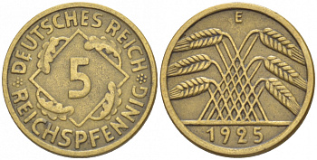 ГЕРМАНИЯ 5 РЕЙХСПФЕННИГОВ 1925 E, KM 39, J. 316 алюминиевая бронза 4532-551