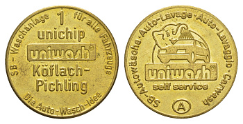 Австрия жетон для автомойке Unichip диаметр 25 мм, вес 7 гр латунь 4656-547